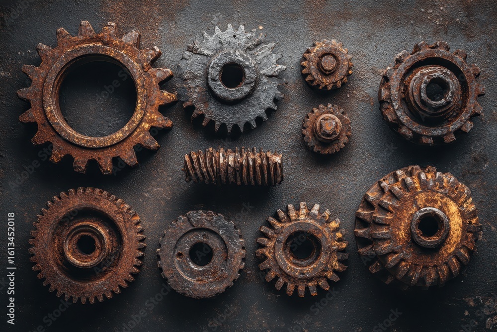 A collection of rusted gears and worm screw displayed on a dark, textured surface A collection of rusted gears and worm screw displayed on a dark, textured surface