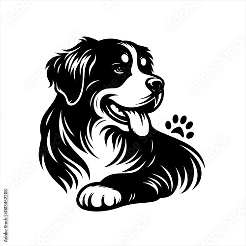 Bernese mountain dog portrait with paw print emblem