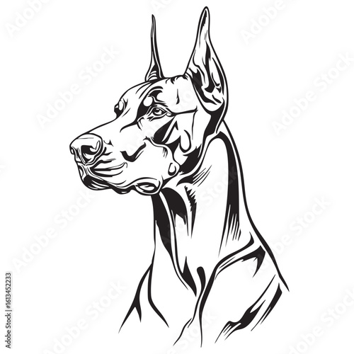 A black and white sketch of a Doberman Pinscher's head and neck.