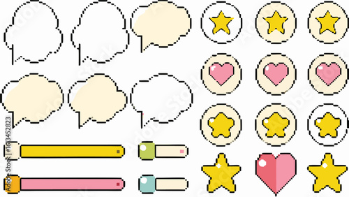 Pixel Art UI Elements Set – Cute Speech Bubbles, Stars, Hearts, Meters & Icons in Kawaii Style | Game Interface Assets for Streaming, Mobile Apps, Chat Overlays, Stickers & Digital Designs