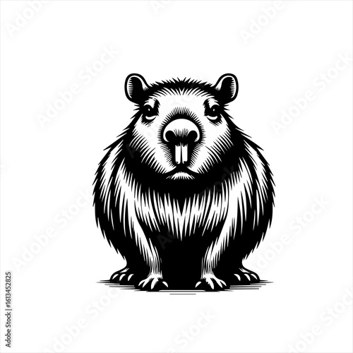 Black and white illustration of a groundhog with large front teeth