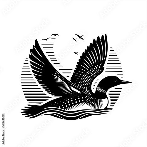 Black and white loon flying over water with birds in background