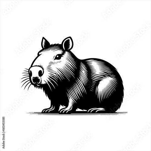 Capybara rodent illustration in black and white engraving style