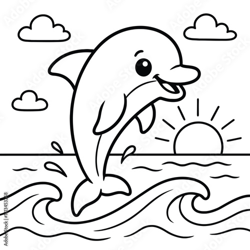 Cute Dolphin Jumping in Ocean Sunrise Coloring Page