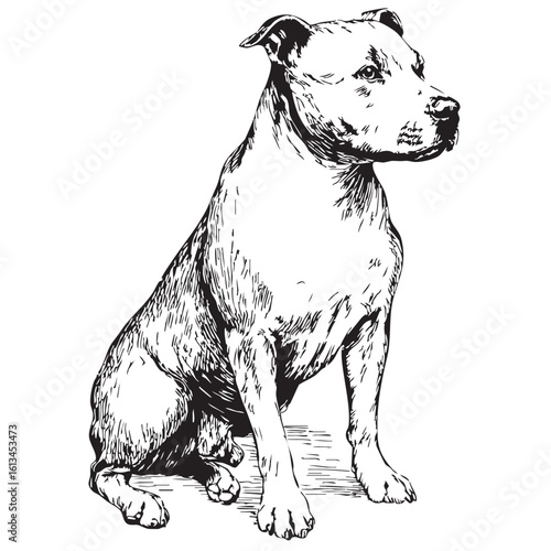 A black and white line drawing of a pit bull dog sitting.