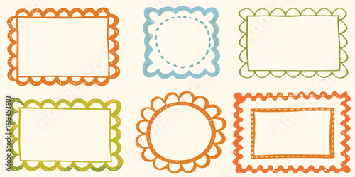 Colorful Scalloped Border Frames Clipart | Hand-Drawn Doodle Labels in Orange, Green, Blue | PNG Vector Frames for Scrapbooking, Crafts, Invitations, and Graphic Design