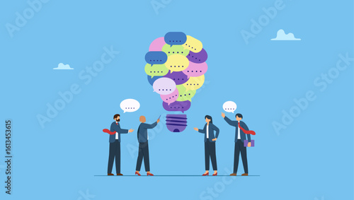 Business people discuss with lightbulb speech bubble. Effective communication, meeting discussion or conversation solution, speak or telling intelligence information, team opinion new idea.