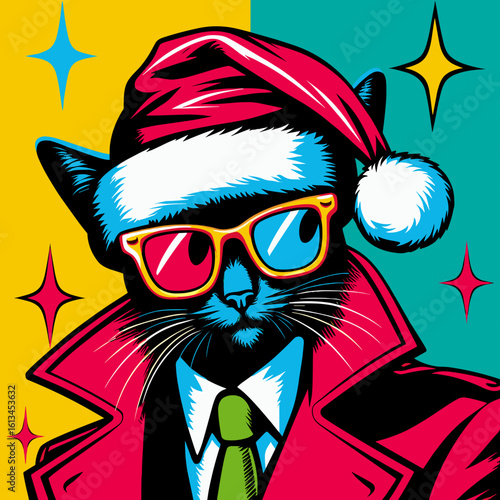 Black cat in Santa hat and bright suit in pop art vector style