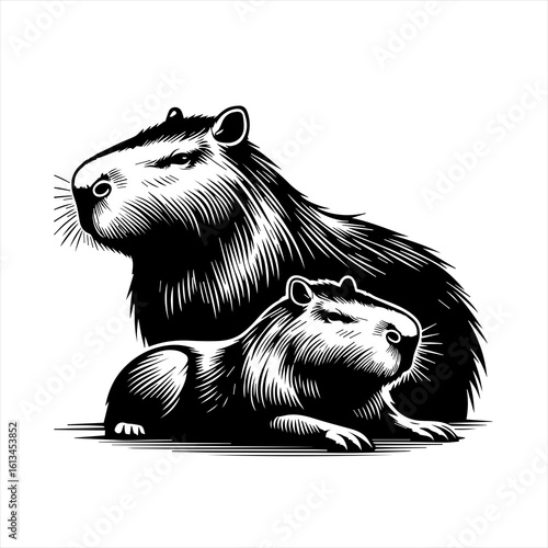Two capybaras in a black and white illustration style