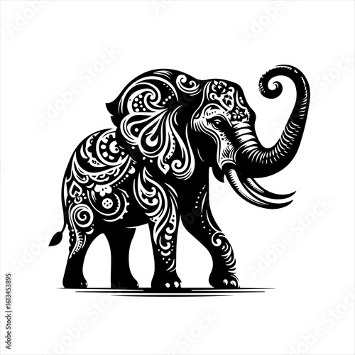 Ornate black elephant silhouette with intricate white tribal patterns