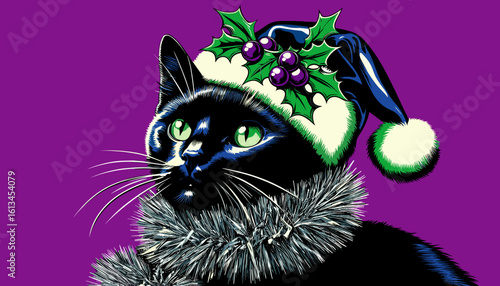 Black cat wearing Santa hat and tinsel scarf on purple Pop art vector background