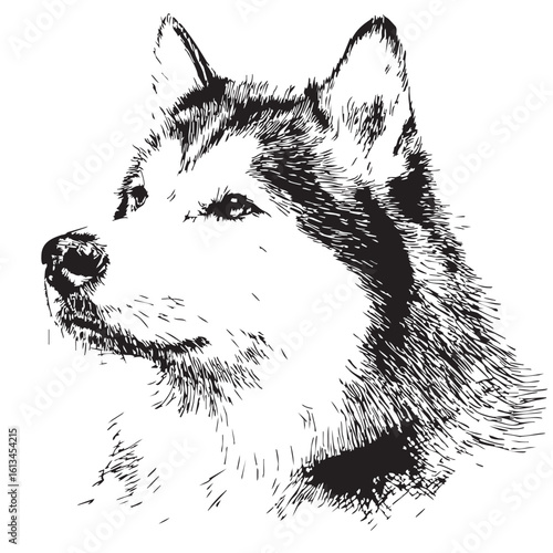 A detailed black and white sketch of a husky dog's head.  