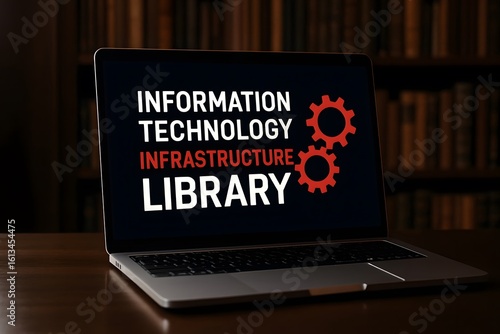 Laptop screen displays information technology infrastructure library itil concept with gears