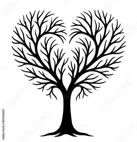 Tree with strong central trunk splitting into two main branches curving upward, outward to form a symmetrical heart shape. thin branching lines resemble arteries or veins