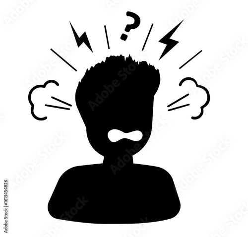 Silhouette of angry person with clenched teeth, steam from ears, lightning bolts, question mark over head. frustration, rage, emotional burnout, inner tension, cognitive overload