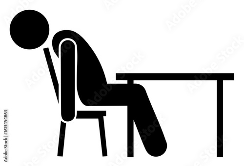 Person slumped at desk with head down and hunched posture. boredom, apathy, exhaustion, emotional burnout, lack of motivation, disengagement in office, school, or meeting 