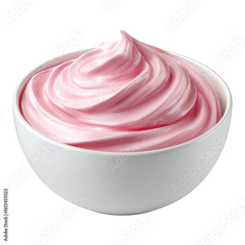 Whipped Pink Cream in a White Bowl on Background
