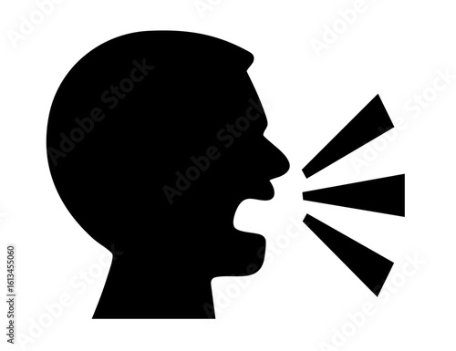 Silhouette of person shouting with open mouth and sound waves — icon representing anger, frustration, loud verbal expression, emotional reaction, and vocal communication

