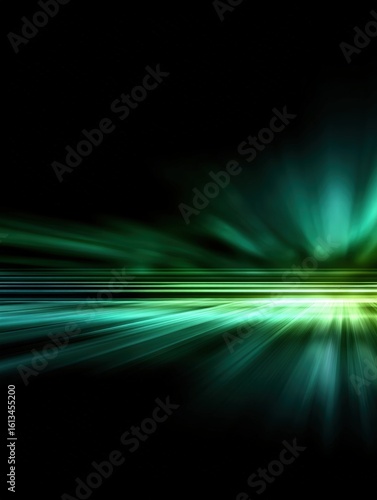 Dynamic green and blue lines weave a futuristic, glowing abstract motion pattern on a dark background