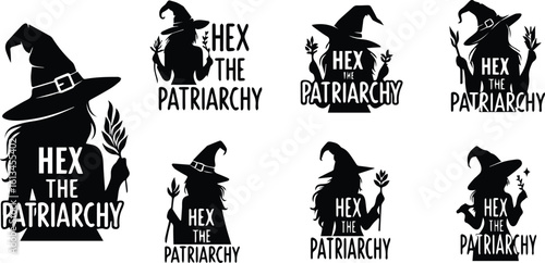 a collection of witch silhouettes with the phrase hex the patriarchy symbolizing feminist power and protest