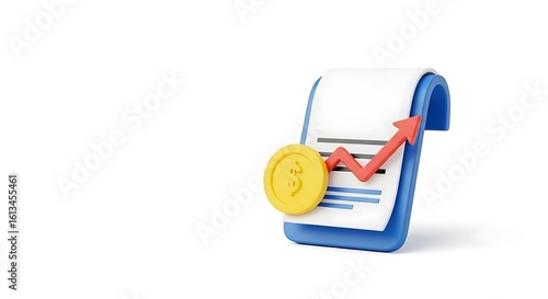 A cartoon bill with a red arrow pointing upwards and a gold coin on a white background space