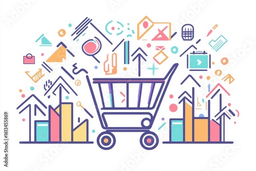 Colorful Shopping Cart Illustration with Abstract Graphics and Icons