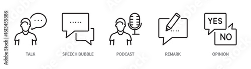 Speaking icon set. Talk, speech bubble, podcast, remark, opinion symbol. Vector illustration. Flat design. Editable stroke. 