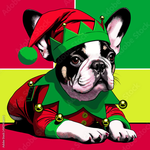 French bulldog in elf costume on red and green pop art background