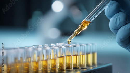 Pipette adding fluid into test tubes in lab