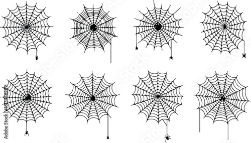 a collection of eight intricate spiderwebs, presented as black silhouettes on a white background