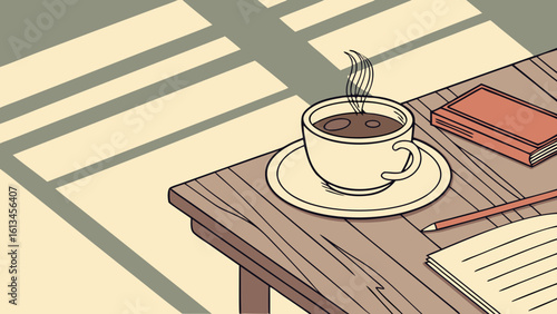 A cozy scene featuring a steaming cup of coffee, a book, and writing materials on a wooden table top