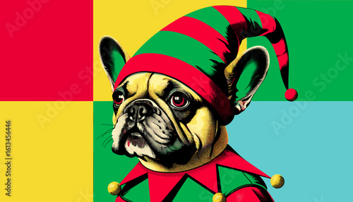 French bulldog in elf costume, yellow, red and lime green pop art blocks