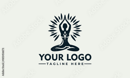 Stylized logo of a person in a lotus yoga pose with radiating lines behind them, above placeholder text.