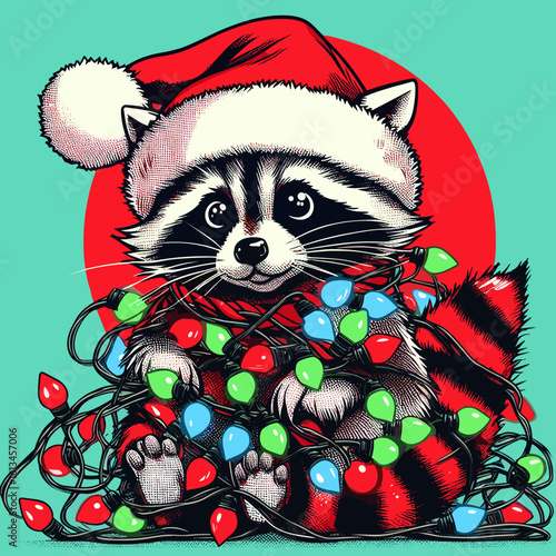 Happy raccoon tangled in Christmas lights, vibrant red and mint green pop art vector layout