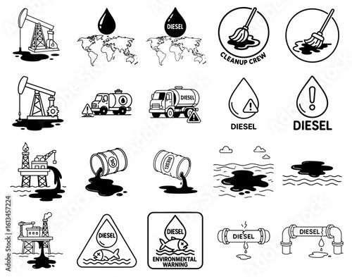 Diesel Rig Spill concept. Illustrations of diesel-related environmental issues and cleanup efforts.