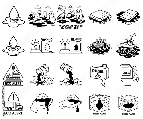 Diesel Rig Spill concept. Images depicting environmental hazards from diesel spills.