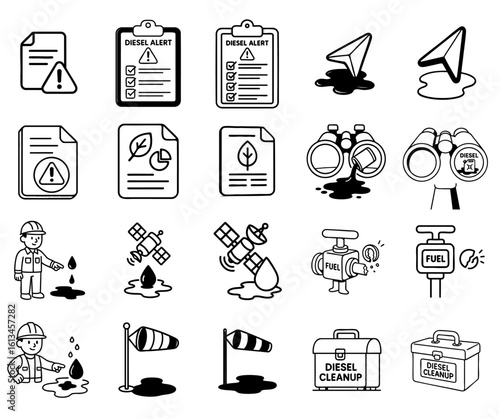 Diesel Rig Spill concept. Diesel-related icons and cleanup imagery in black and white.