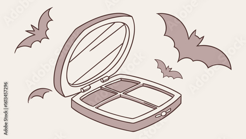 Open makeup palette with mirror and four compartments surrounded by flying bats in a spooky halloween theme