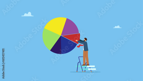 Businessman investor or financial planner standing on ladder to arrange pie chart as rebalancing investment portfolio to suitable for risk and return. Investment asset allocation and rebalance.
