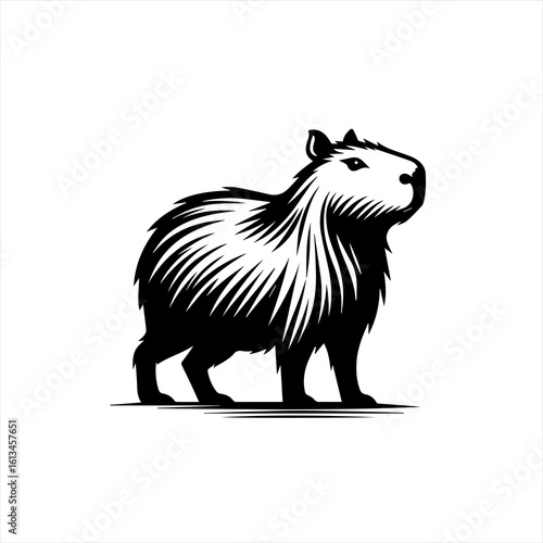 Stylized black and white capybara illustration standing profile