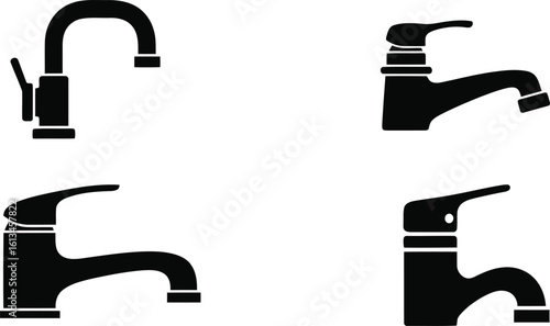 Sink Tap Silhouette Icon Vector Set - Kitchen Faucet Fixture