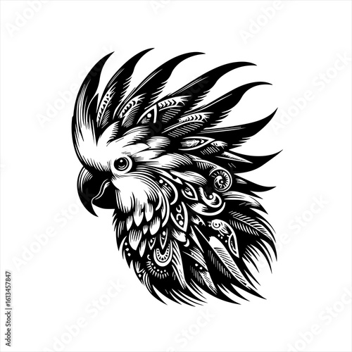 Intricate black and white tattoo style cockatoo head illustration