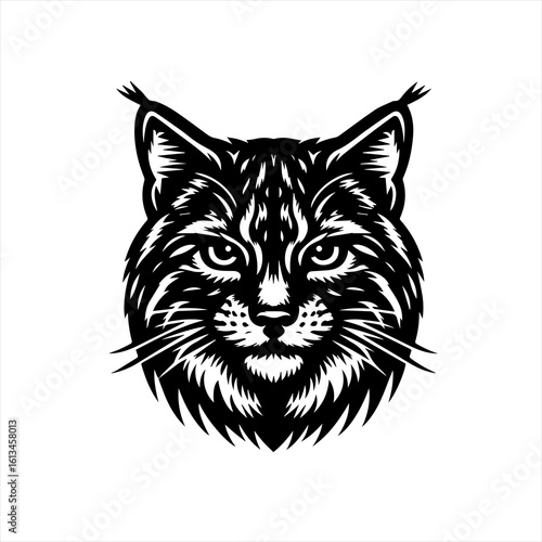 Stylized black and white illustration of a bobcat head