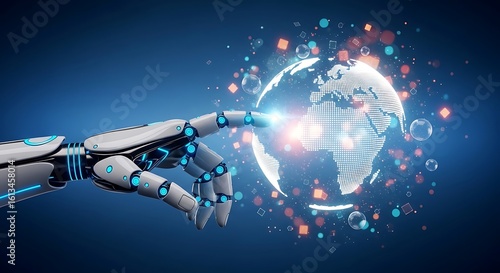 Robotic hand touching a glowing digital globe, symbolizing ai and global connectivity