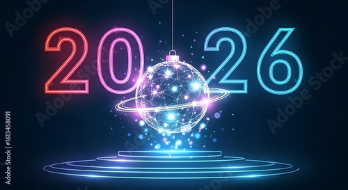 Illustration of the year 2026 is illuminated by a sparkling digital globe and neon lights, heralding a bright future and celebration