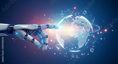 Futuristic robot hand touches a glowing digital globe, symbolizing advanced technology and global connectivity