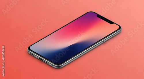 Modern smartphone with a vibrant gradient display rests on a warm coral background