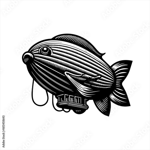 Whimsical fish shaped blimp airship in black and white