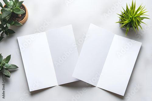 Top view of two blank open bifold brochures with small potted plants on a white surface.