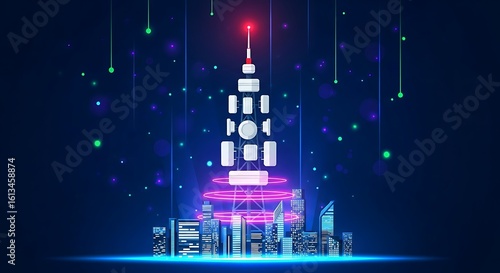 A tall telecommunication tower glows with energy above a futuristic digital city at night